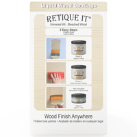 Retique It Universal Liquid Wood Kit in bleached wood finish, showing the right side of the box with application tools and product details.