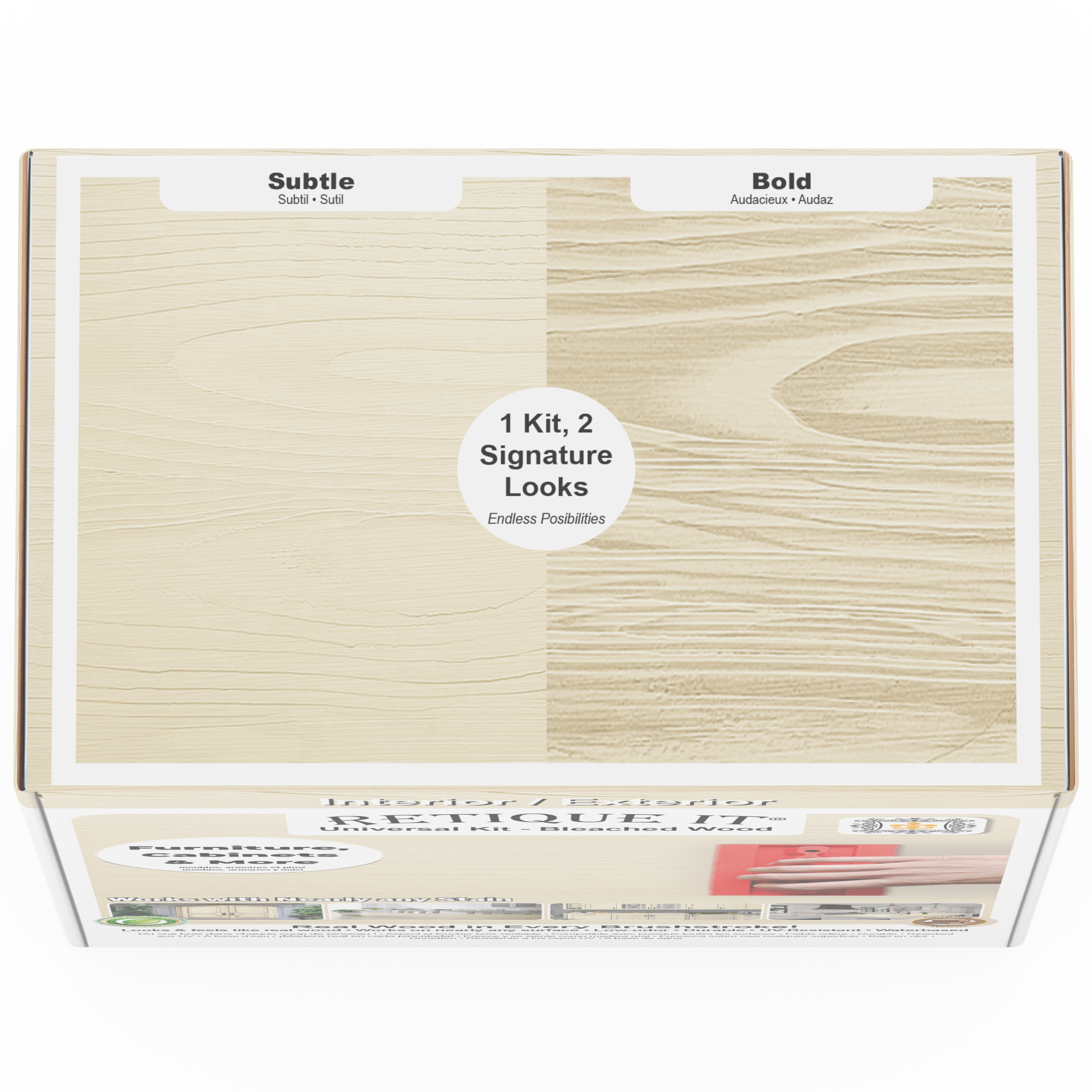 Retique It Universal Liquid Wood Kit in bleached wood finish, showing the boxed product with liquid wood components and application tools.