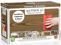 Retique It Wood'n Finish Kit in Barn Wood for multi-purpose wood finishing, includes brushes and applicators in a compact box.
