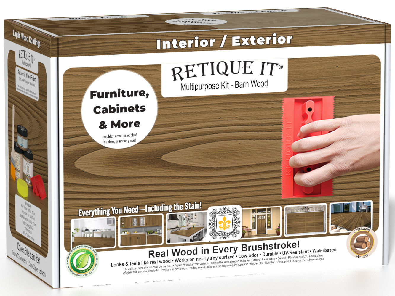 Retique It Wood'n Finish Kit in Barn Wood for multi-purpose wood finishing, includes brushes and applicators in a compact box.