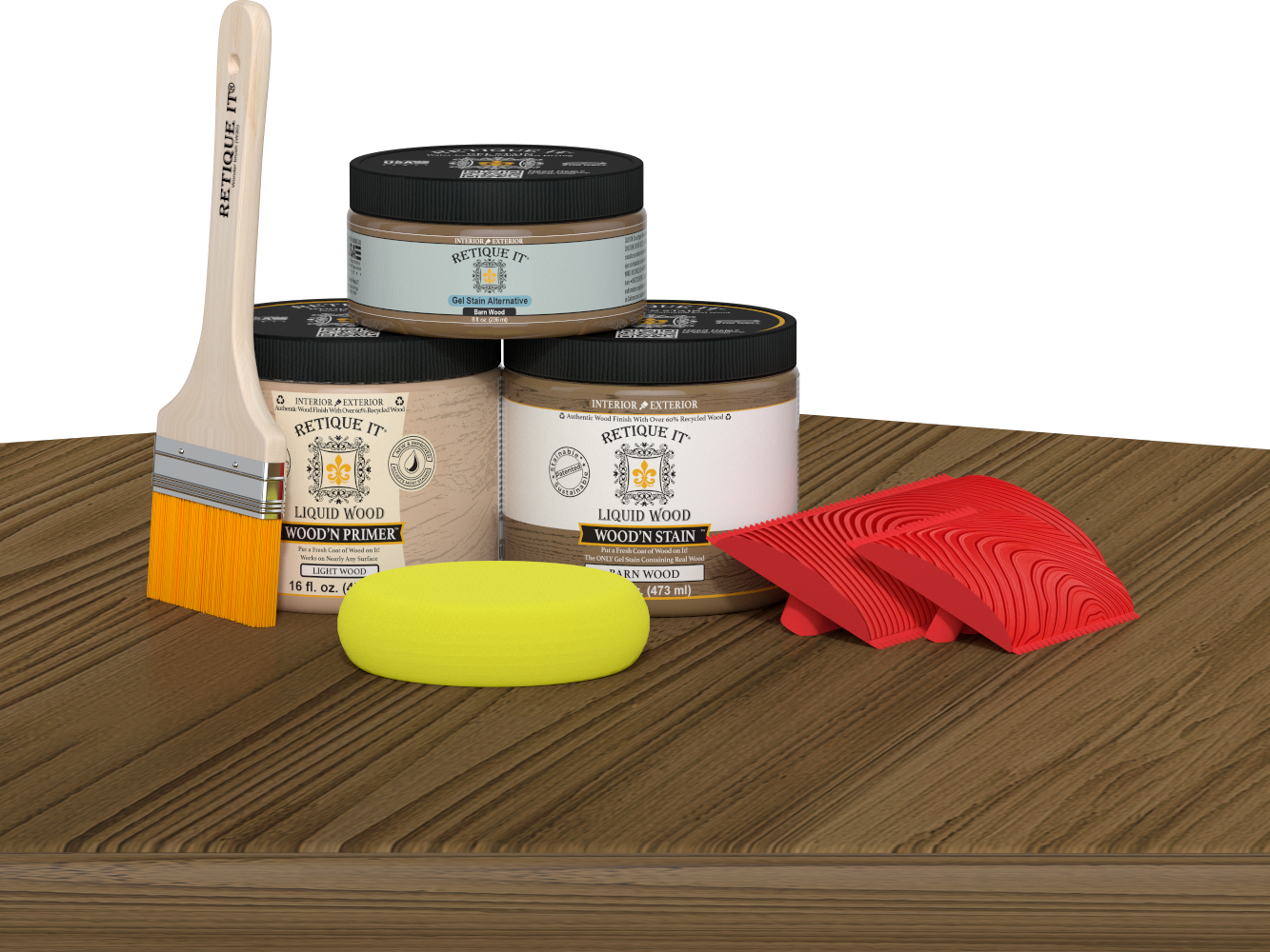 Retique It Wood'n Kit in Barn Wood finish, multi-purpose wood finish kit displayed on a table, ideal for furniture restoration.