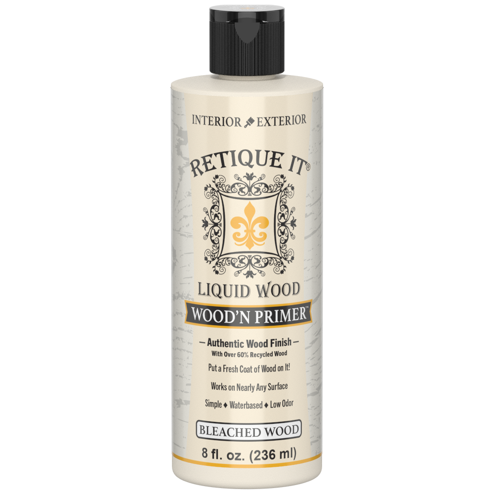 Retique It Liquid Wood Wood'n Primer in Bleached Wood, 8 Fl oz, showing the primer application on wood surface.