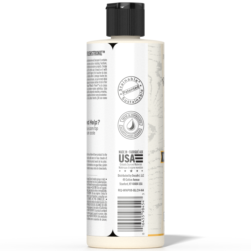Back view of a 8 fl oz bottle of Retique It Liquid Wood Wood'n Primer in Bleached Wood finish, showing the product label and packaging.