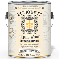 Liquid Wood Wood'n Primer by Retique It in bleached wood color, 128 fl oz, showing the primer can and wood surface preparation.