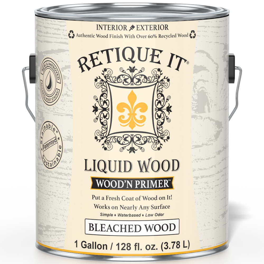 Liquid Wood Wood'n Primer by Retique It in bleached wood color, 128 fl oz, showing the primer can and wood surface preparation.