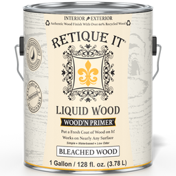 Liquid Wood Wood'n Primer by Retique It in bleached wood color, 128 fl oz, showing the primer can and wood surface preparation.