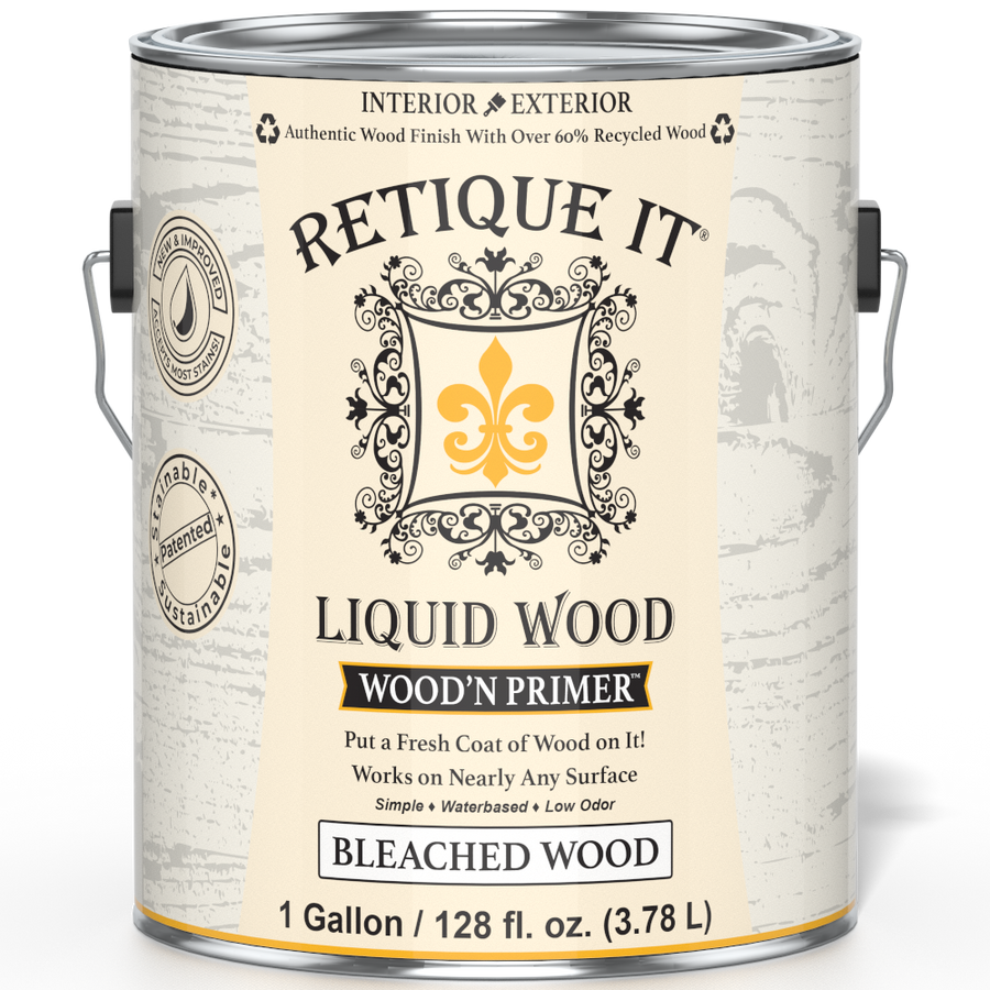 Liquid Wood Wood'n Primer by Retique It in bleached wood color, 128 fl oz, showing the primer can and wood surface preparation.