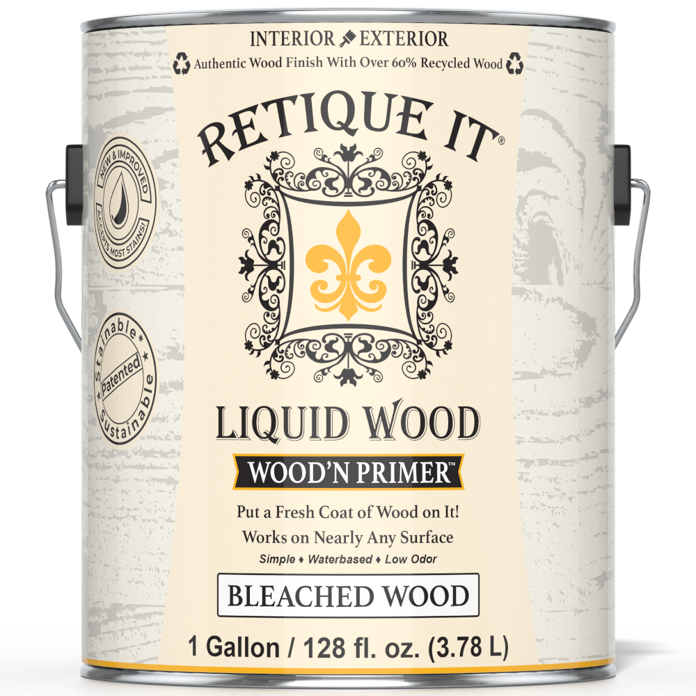 Liquid Wood Wood'n Primer by Retique It in bleached wood finish, 128 fl oz, showing the primer's container with label and color.