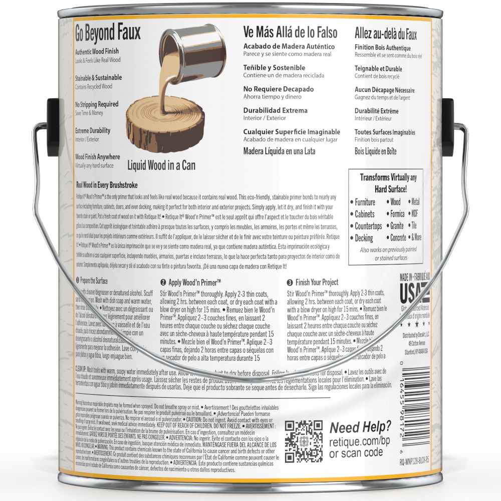 Retique It Liquid Wood Wood'n Primer in bleached wood finish, 128 fl oz, showing the primer applied on a surface for wood projects.