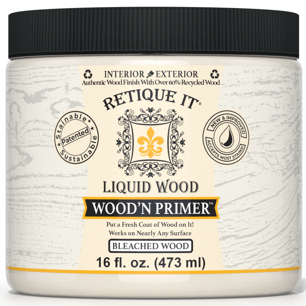 Retique It Liquid Wood Wood'n Primer in Bleached Wood finish, 16 fl oz, showing the primer applied on wood surface.