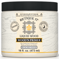 Retique It Liquid Wood Wood'n Primer in Bleached Wood finish, 16 fl oz, showing the primer applied on wood surface.