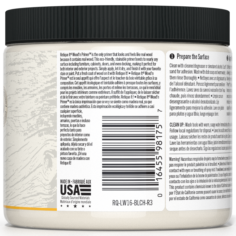 Retique It Liquid Wood Wood'n Primer in Bleached Wood, 16 fl oz, showing the primer applied to a wooden surface.