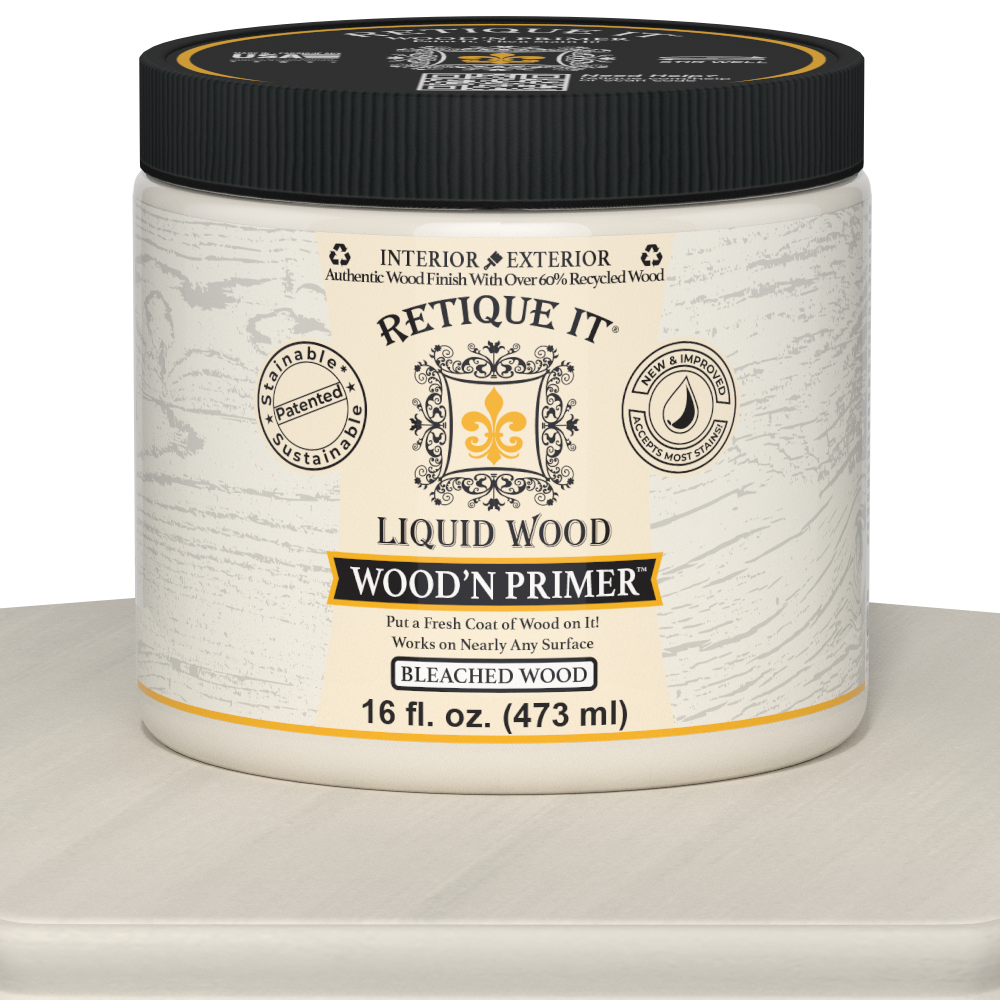 Retique It Liquid Wood Wood'n Primer in Bleached Wood, 16 fl oz, showing the primer's smooth, light-colored wood finish.