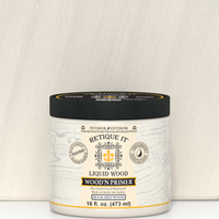 Retique It Liquid Wood Wood'n Primer in Bleached Wood, 16 fl oz, showing the primer application on wood surface.