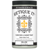 Retique It Furniture and Cabinet Paint in Willow, a close-up of the quart-sized container showing the paint color and branding.