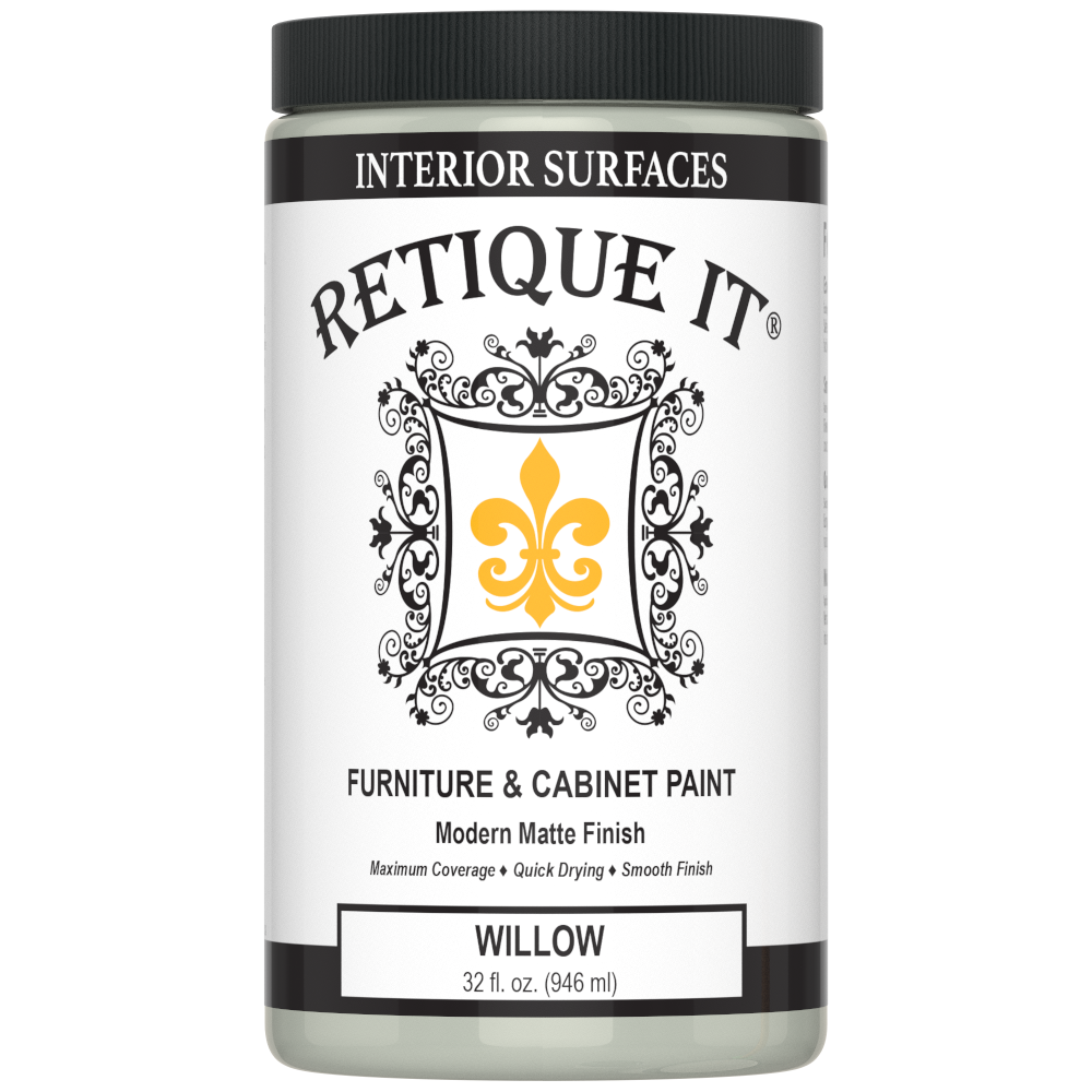 Retique It Furniture and Cabinet Paint in Willow, a close-up of the quart-sized container showing the paint color and branding.