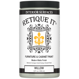 Retique It Furniture and Cabinet Paint in Willow, a close-up of the quart-sized container showing the paint color and branding.