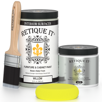 Retique It furniture and cabinet paint in quart size, Willow color, shown on a painted wooden cabinet surface.