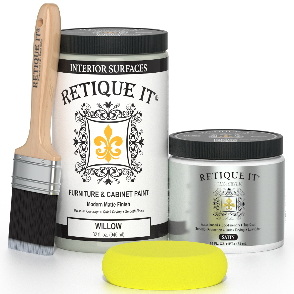 Retique It furniture and cabinet paint in quart size, Willow color, shown on a painted wooden cabinet surface.