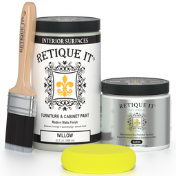 Retique It furniture and cabinet paint in quart size, Willow color, shown on a painted wooden cabinet surface.