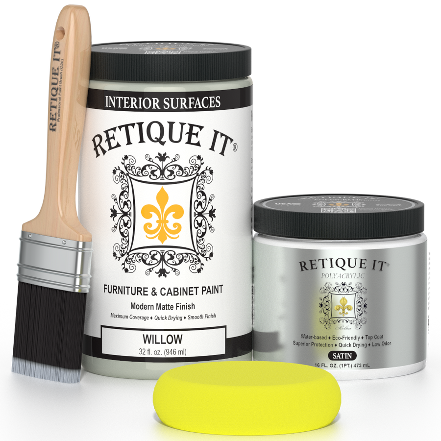 Retique It furniture and cabinet paint in quart size, Willow color, shown on a painted wooden cabinet surface.