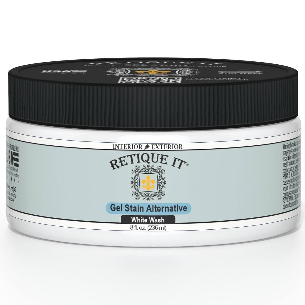 Retique It white wash gel stain applied to wood, showcasing a smooth, light-colored wood finish with a natural wash effect.