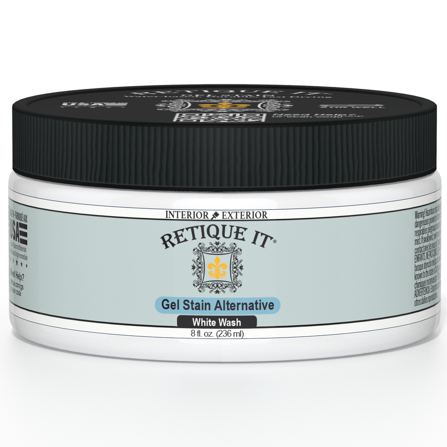 Retique It white wash gel stain applied to wood, showcasing a smooth, light-colored wood finish with a natural wash effect.