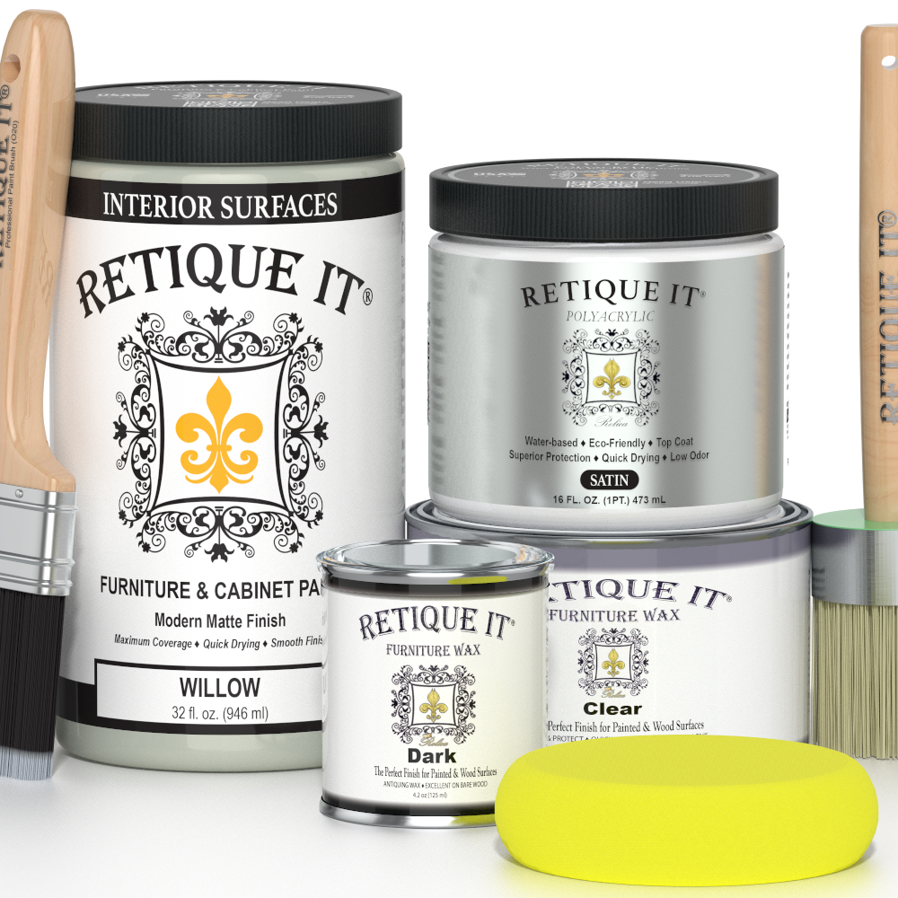 Retique It furniture and cabinet paint in Willow color, quart size, showing a smooth painted surface on furniture.