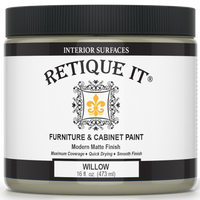Retique It Furniture & Cabinet Paint in Willow quart, showing the smooth, creamy paint consistency in a container.