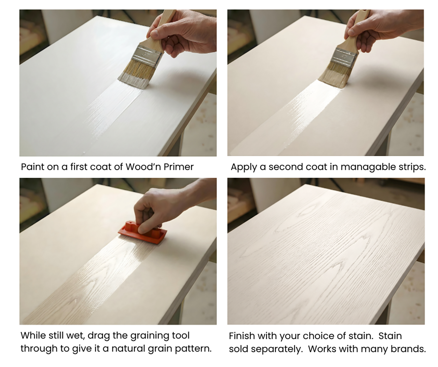 Retique It Universal Liquid Wood Kit in Bleached Wood finish showing application steps for wood refinishing.