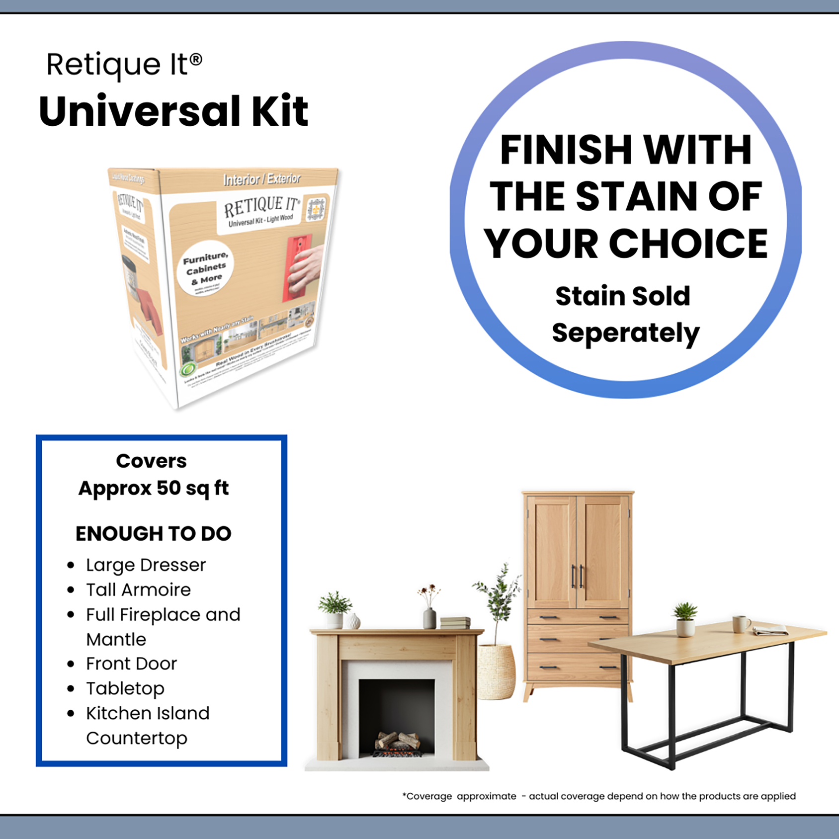 Universal Liquid Wood Kit by Retique It with bleached wood finish, showing application tools and sample wood surfaces for furniture refinishing.